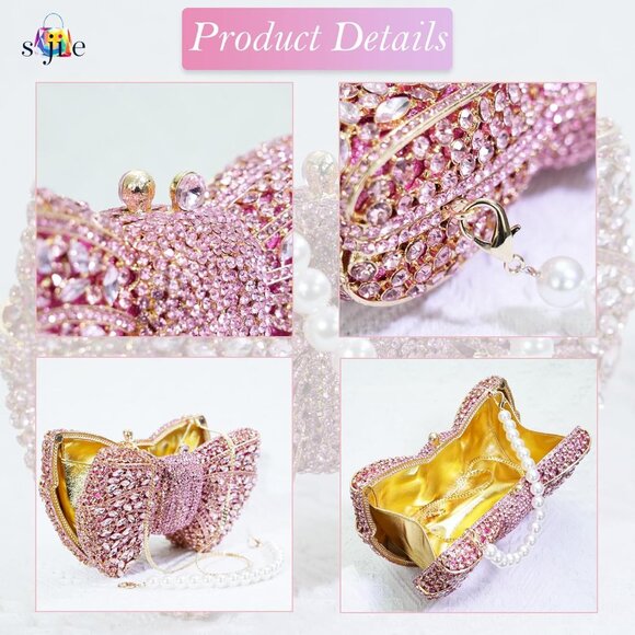 Handmade Inlay Rhinestone Bow Clutch Bag for Women, Sparkling Evening Party Wedd - Picture 4 of 6